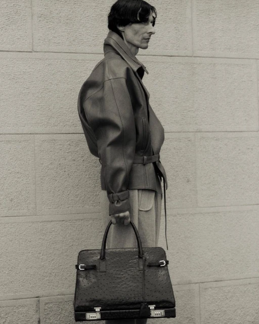 Monochrome portrait of a slender adult male in a leather jacket carrying an oversized leather briefcase against a neutral brick wall.