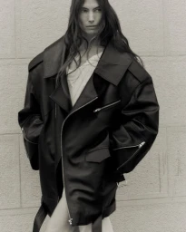 Model wearing an oversized black leather jacket against a neutral stone background for Vautrait campaign.