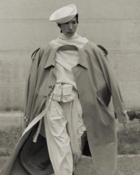 Model wearing avant-garde layered outerwear and a white cap in a campaign image for Vautrait photographed by Dudi Hasson.
