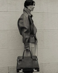 Model wearing a structured jacket and trousers while holding a large dark handbag against a stone wall.