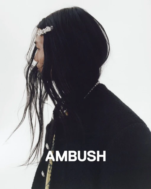 Profile of a person with long dark hair wearing a black jacket and a beaded necklace against a white background, and a hair accessory.