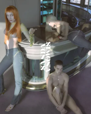 Three models posing near a curved bar in an interior setting for the Sanda Simowa jeans campaign, captured by Luke Abby.