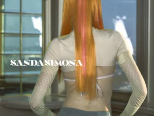 Model from behind with long orange and pink highlighted hair wearing white crop top and mesh sleeves for Sanda Simowa