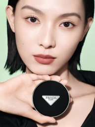 Close-up beauty portrait of an East Asian woman holding a black Prada cushion compact case against a light green background.