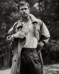Monochrome portrait of Chris Hemsworth wearing an unbuttoned shirt and trench coat outdoors against a blurred woodland background