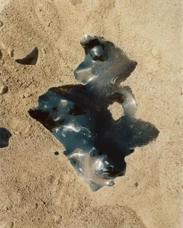 Close-up of a glossy dark melted material resting on textured sand ground