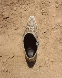Overhead shot of a snakeskin print cowboy boot standing upright on a dry, rocky ground surface.