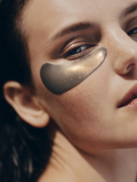 Close-up portrait of a woman with a gold eye mask, showing radiant skin and natural light in a beauty or skincare context.
