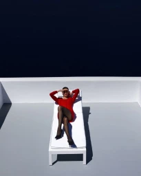Model wearing a red dress and black tights reclining on a white lounge chair against a dark water background.