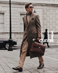 Man wearing a brown overcoat and turtleneck walking on a stone street holding a brown leather briefcase for Dunhill