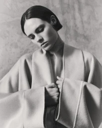Model with dark hair in a structured neutral coat against a textured wall for Giada