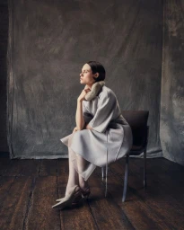 Model seated on a chair wearing a grey coat with a fur collar against a textured grey backdrop.