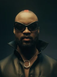 Close-up portrait of Genesis Owusu wearing dark sunglasses and a black collared shirt for Esquire Magazine by Georges Antoni
