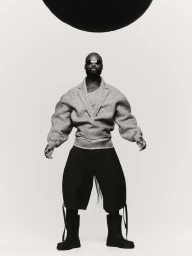 Portrait of Genesis Owusu wearing a textured grey jacket and dark trousers against a white studio background.