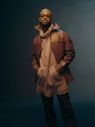 Portrait of Genesis Owusu wearing tinted glasses, a pink fringed sweater, and a brown leather jacket against a dark studio background