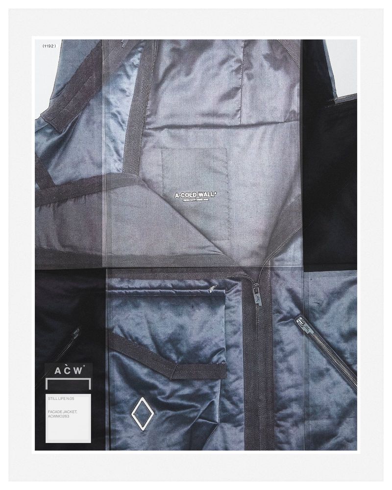 Close-up studio shot of a fragment of A-Cold-Wall* jacket with zippers, pocket, and label details on a white background.