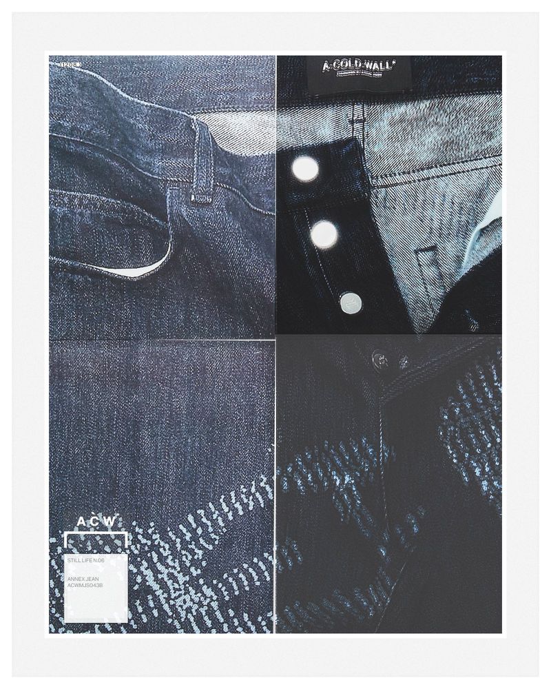 A collage of close-up details of blue jeans with the brand logo "A-COLD-WALL*" visible in an indoor setting, presented in a white frame.