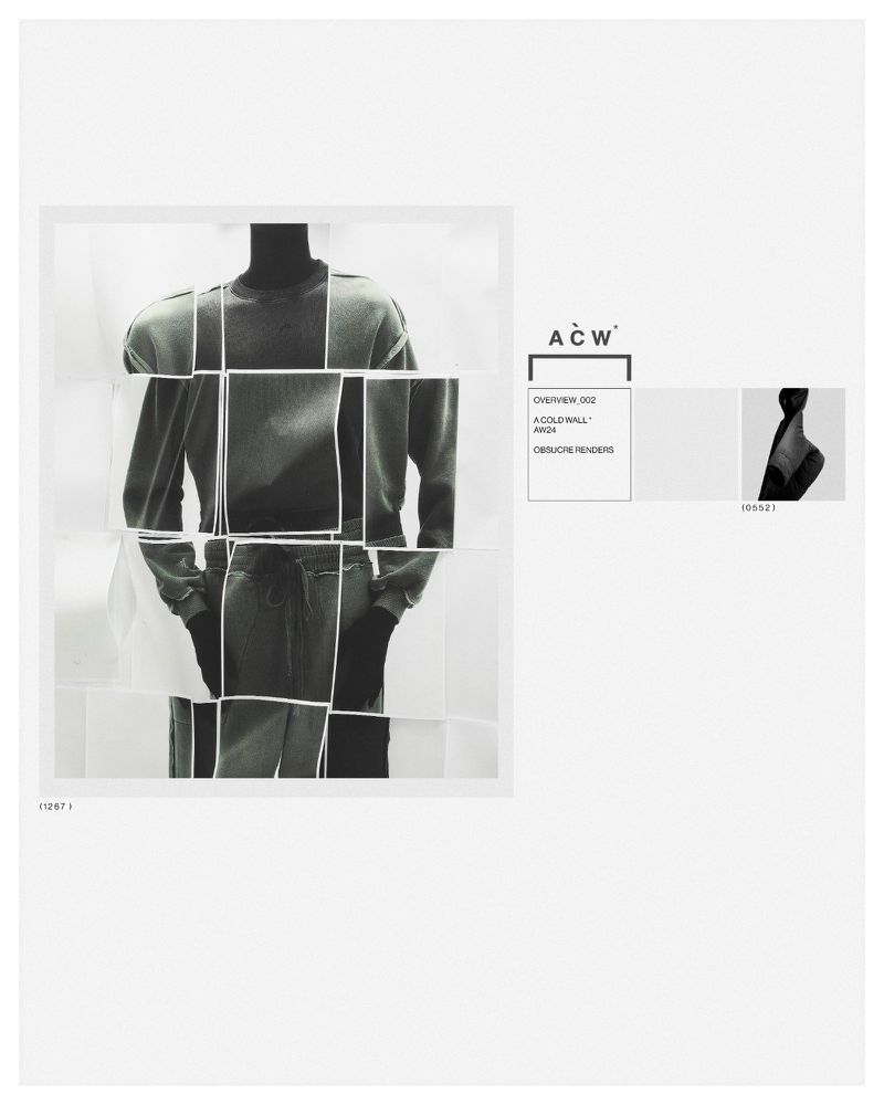 Fashion editorial showcasing a deconstructed image of a person wearing a grey shirt and pants, complemented by overlaid text and graphic elements.