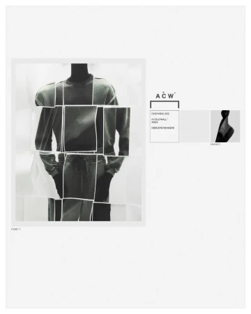 Fashion editorial showcasing a deconstructed image of a person wearing a grey shirt and pants, complemented by overlaid text and graphic elements.