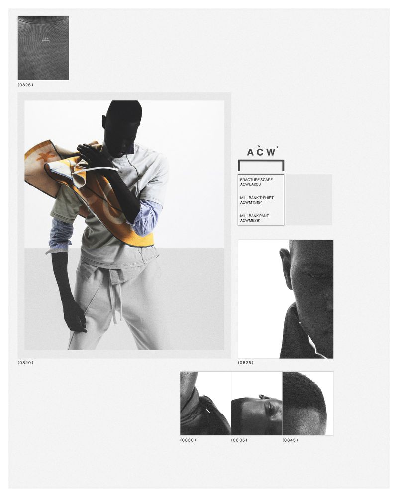 Fashion layout with a silhouetted figure wearing a light gray shirt and pants paired with a tan-colored soft leather object over the shoulder.