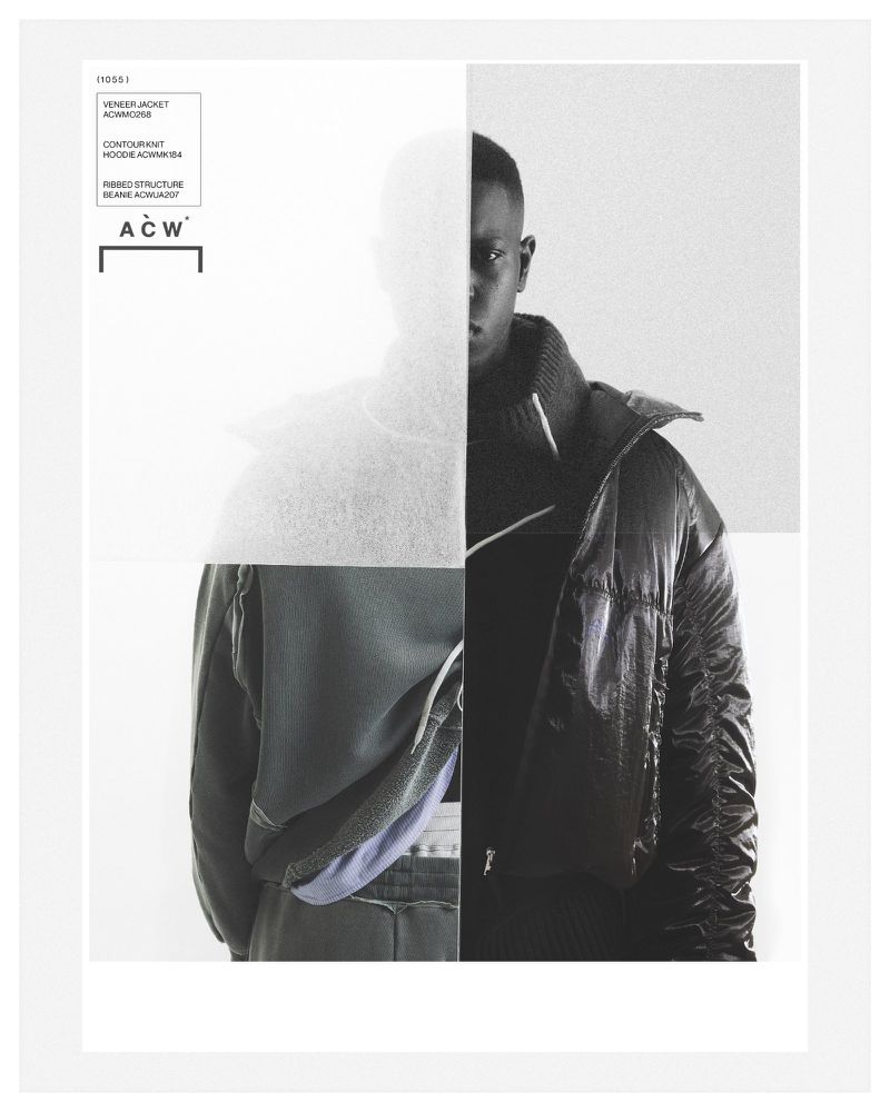 Fashion editorial featuring an adult male modeling a dark jacket, juxtaposed with design sketches in a framed, studio setting with white backdrop.