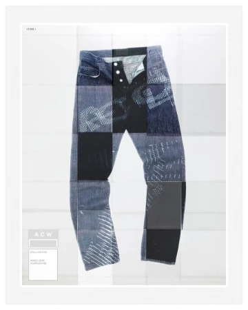 Image of denim jeans on a white backdrop, featuring patchwork and graphic patterns, presented in a studio setting, fashion-forward.