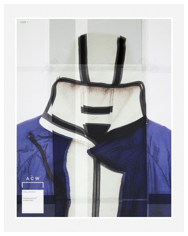 Close-up of a blue and white jacket with black trim, displayed on a white background with faint grey grid pattern overlay.