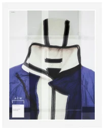 Multiple exposure fashion still life image featuring a technical jacket with blue and white panels