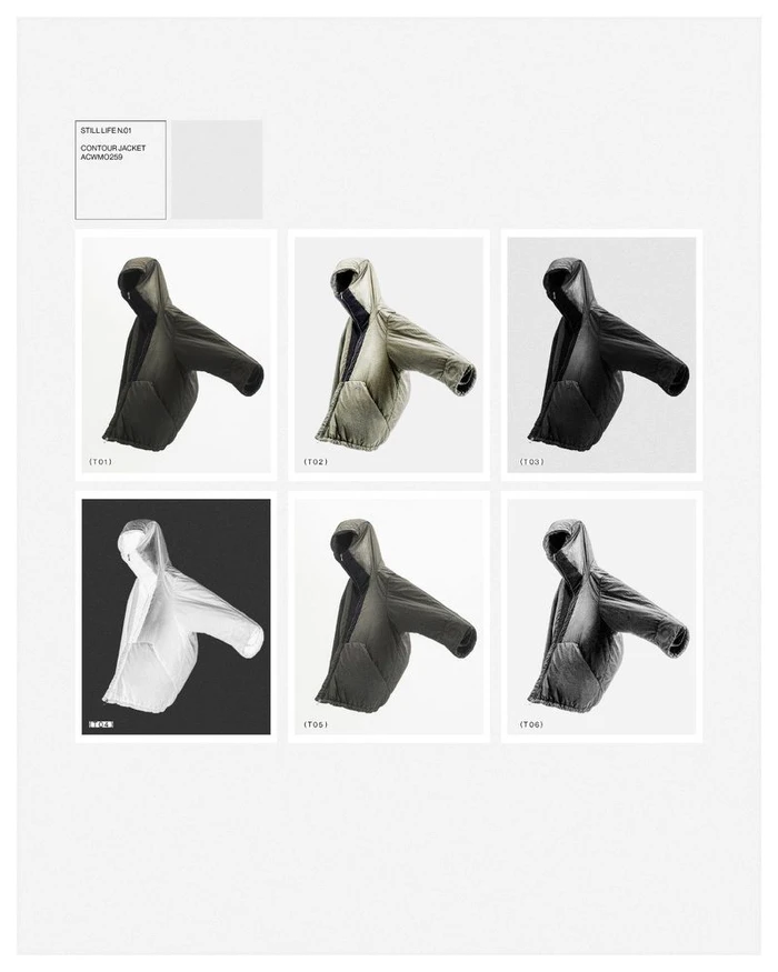 A-Cold-Wall contour jacket product render sheet showing multiple monochromatic angles on a clean white background
