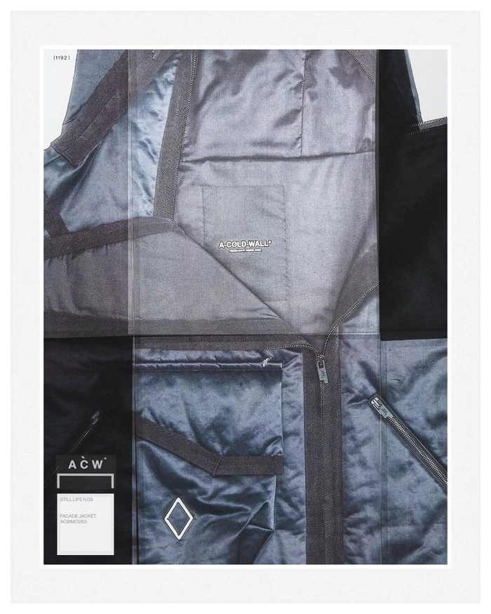 Close-up product still life of a glossy dark grey metallic jacket with utility pockets and branding for A-Cold-Wall