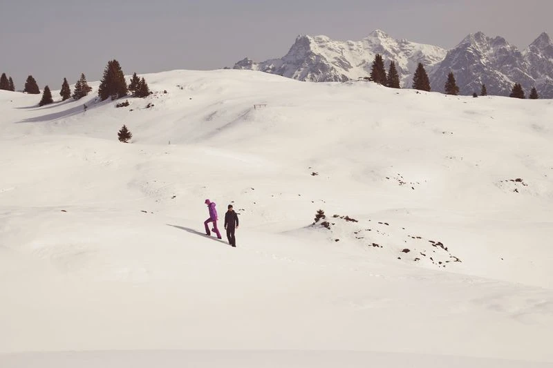 Two people walk across a snowy field with evergreen trees and snowy mountains in the background on a bright day in winter.