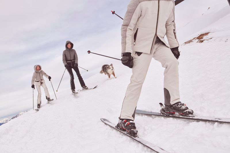 Three people skiing down a snowy mountain slope, with a dog running behind them under a bright sky in an outdoor environment.