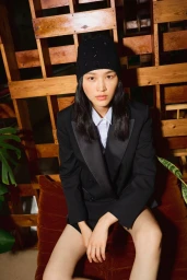 Model wearing a black blazer and beanie seated against a wooden structure for MAX&Co.