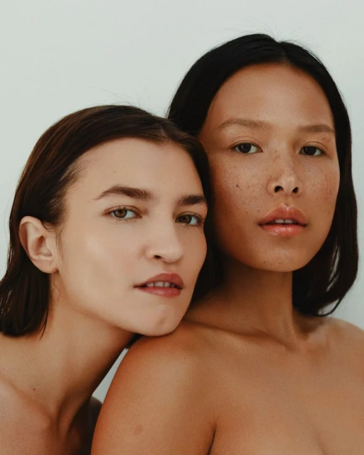 Portrait of two diverse women with fair skin tones posing closely together in front of a white background, looking directly at the camera.