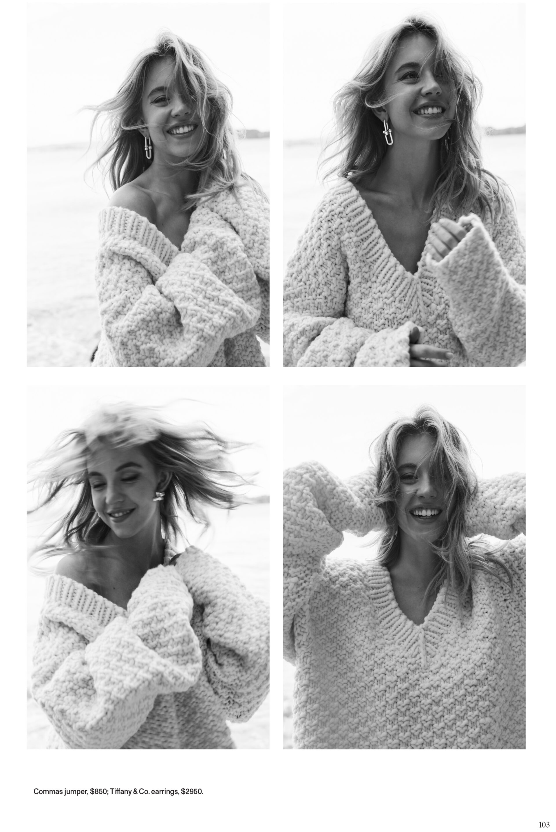 Black and white four-panel magazine layout featuring actress Sydney Sweeney smiling in an oversized knit jumper by the coast.