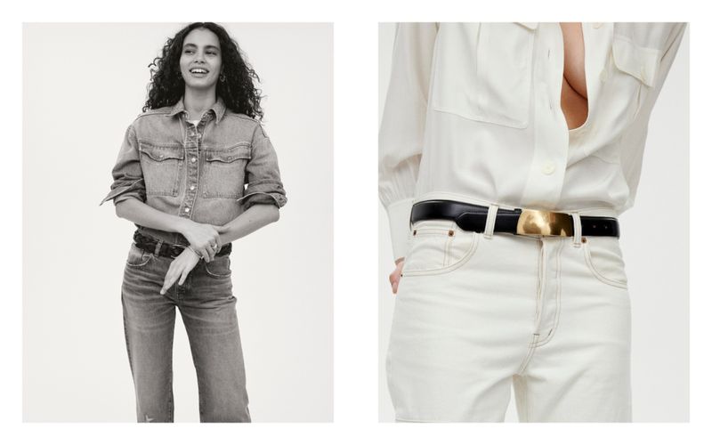 Black and white fashion shot of a smiling woman in a denim shirt with a belt; next to it, a close-up of a belt on white jeans.