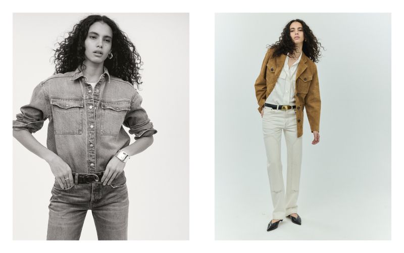 Two black and white and color fashion shots of a woman with curly hair wearing a denim top and a brown jacket, jeans, and white pants.
