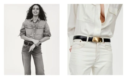 Model with curly hair wearing denim shirt and jeans next to detail shot of white button-down shirt and black belt with gold buckle