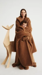 Woman and child wrapped together in a heavy brown teddy coat standing next to a cardboard deer prop on a white background