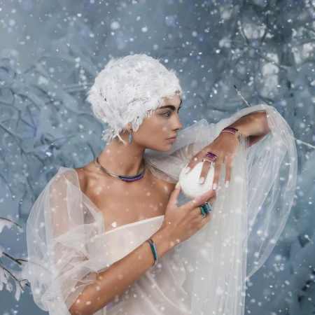 A woman in winter-themed jewelry and a white head covering holds a snowball in an indoor, snowy setting for a beauty or fashion shoot.