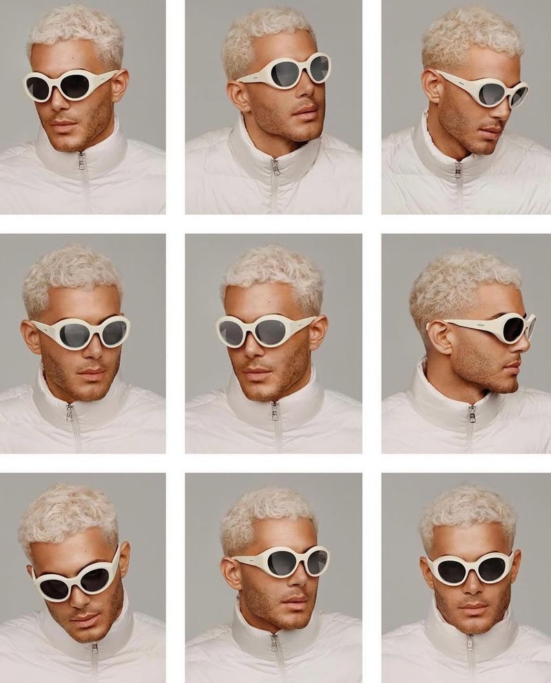 Handsome man with light hair and sunglasses wearing a white jacket against a grey background in a portrait grid.
