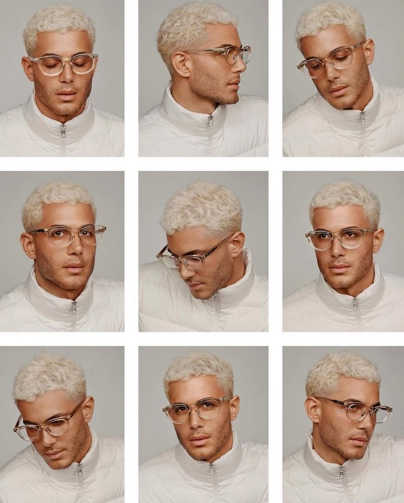 Eyewear fashion portrait featuring a man with platinum blonde hair wearing clear-framed glasses in a multi-portrait grid layout against a light gray backdrop.