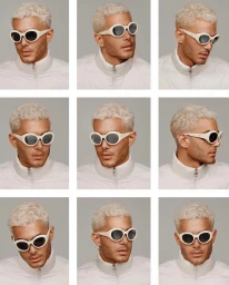 Fai Khadra wearing white chunky sunglasses and white puffer jacket in Moncler Sense of self campaign