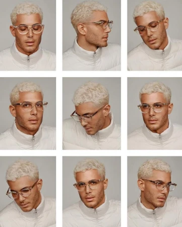 Grid of nine portraits of model Fai Khadra wearing clear-frame eyeglasses and a white puffer jacket for Moncler.