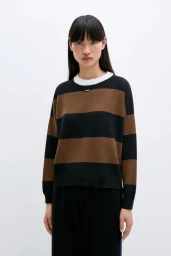 Model wearing a black and brown striped knit sweater against a plain white background