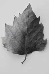 Close-up monochromatic shot of a dried serrated leaf centered on a neutral grey background.