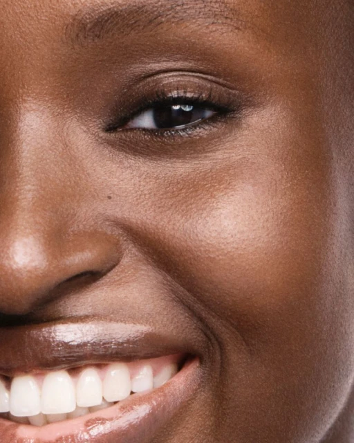 Close-up portrait of a dark-skinned woman featuring her eye, nose, cheek, teeth, and mouth in a beauty or skincare context.