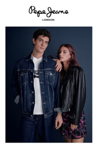 Man in denim jacket and woman in black leather jacket posing together for Pepe Jeans OI24 campaign against a dark background