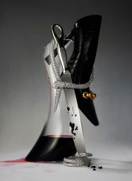 High heel shoe, crystal decanter with wine, silver knife, and diamond snake necklace on a grey surface.