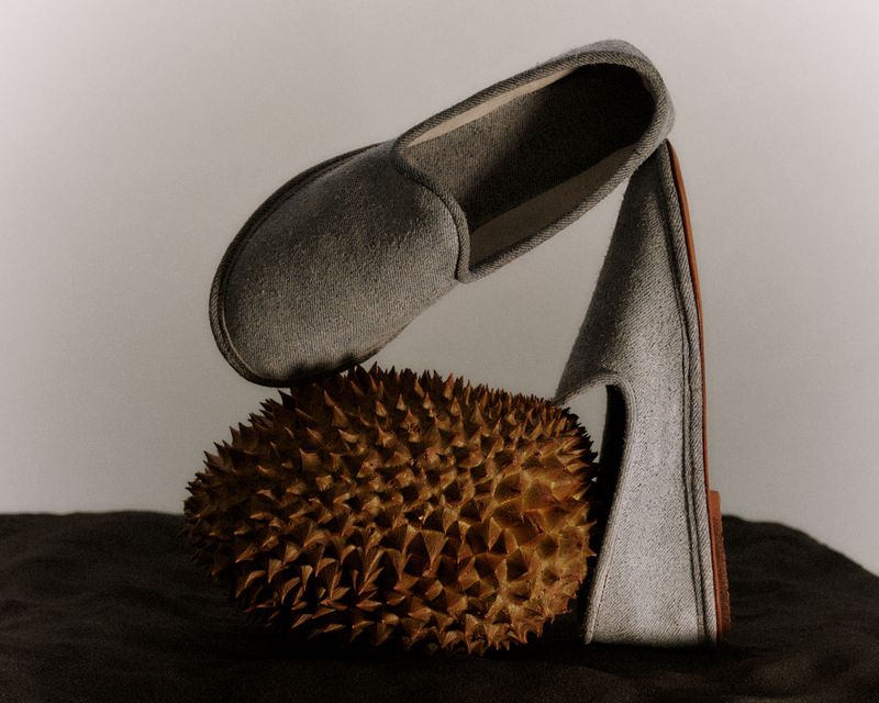 Still life shot featuring a slipper balanced on a durian fruit, set against a neutral backdrop. Soft lighting emphasizes the unique textures.